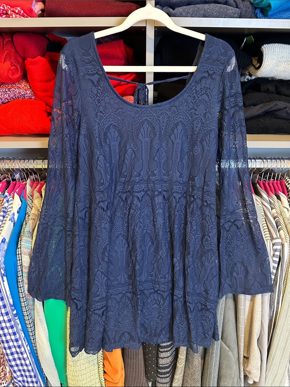Altar’d State navy lace long bell sleeve lined dress size S